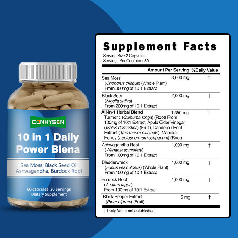 कस्टम लेबल 10-इन-1 मिश्रण प्रतिरक्षा प्रणाली को बढ़ावा देता है सी मॉस कैप्सूल अश्वगंधा सप्लीमेंट