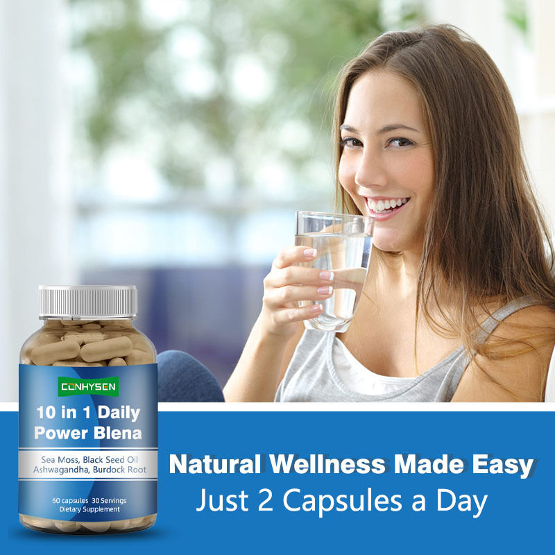 कस्टम लेबल 10-इन-1 मिश्रण प्रतिरक्षा प्रणाली को बढ़ावा देता है सी मॉस कैप्सूल अश्वगंधा सप्लीमेंट