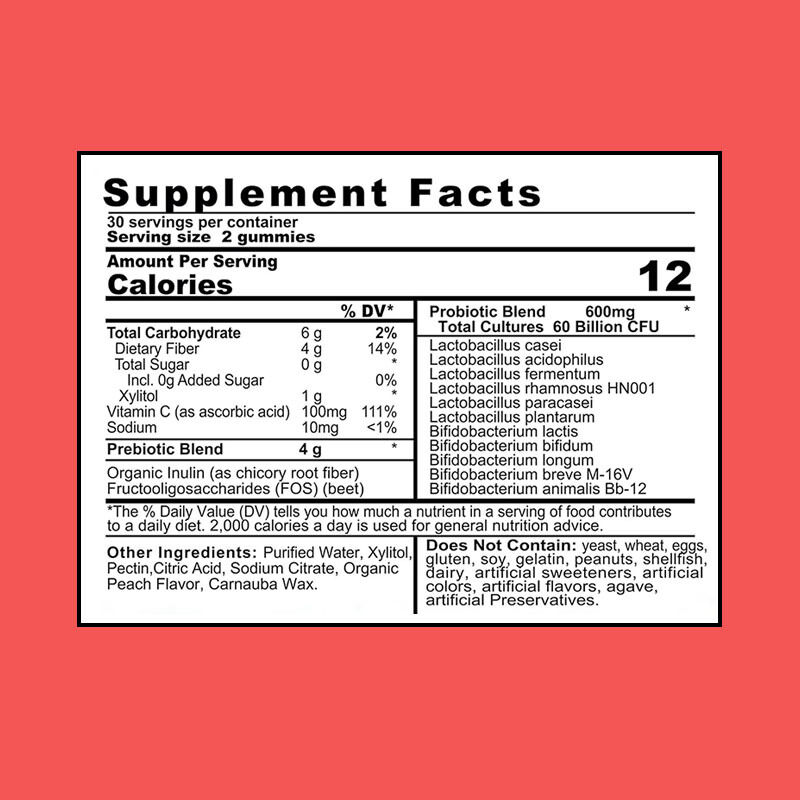 OEM/ODM 4g प्रीबायोटिक्स प्रोबायोटिक्स गमियां 60 बिलियन सीएफयू प्रतिरक्षा बूस्टर आंत स्वास्थ्य बढ़ाने वाला एंटीऑक्सिडेंट गुणों के साथ वयस्क