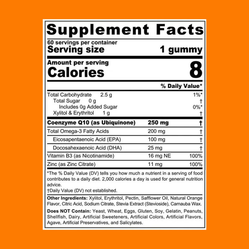 विगो-सीओक्यू10-250 मिलीग्राम से भरा हुआ गममी प्लस ओमेगा-3 विटामिन बी3 और जिंक कोएंजाइम क्यू10 दिल के स्वास्थ्य के लिए सेलुलर ऊर्जा के लिए पूरक